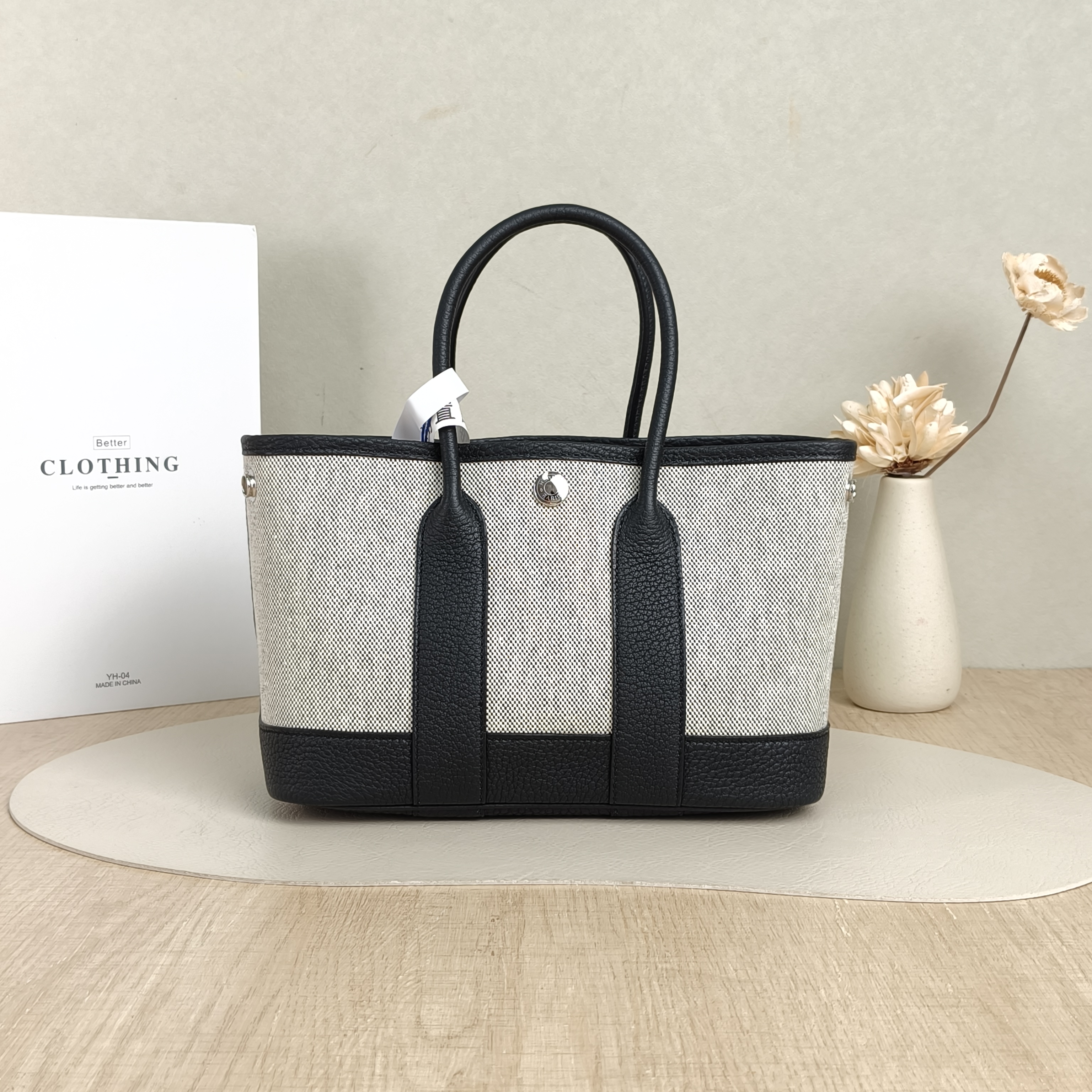 Hermès Top Handle Bag Neo Garden 23 Mini Black · Beige Canvas · Negonda Calfskinmini23 × 10 × 16 cm