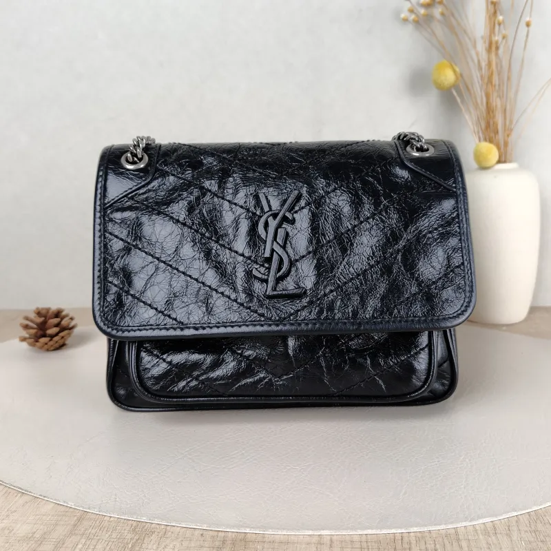 SAINT LAURENT Crossbody Bag Niki Black Waxed Leather Calfskin Small 21 × 7.5 × 16 cm
