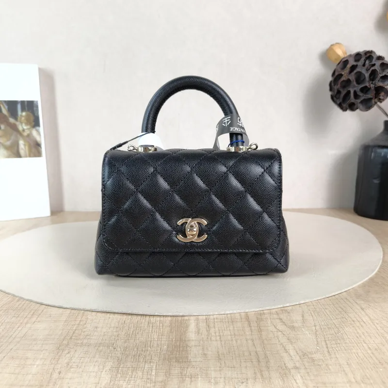 Chanel Top Handle Bag Coco Handle​ Black Grained Calfskin Mini 19 × 9 × 13 cm