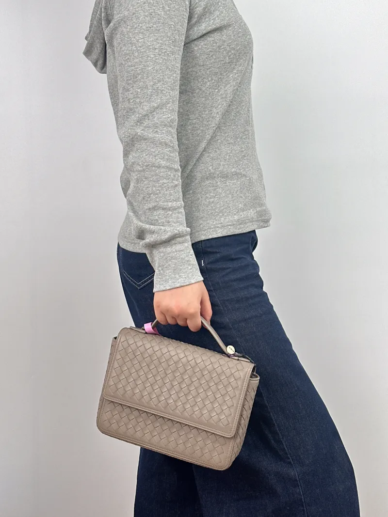 Bottega Veneta Top Handle Bag Woven Top Handle Crossbody Bag Grey Calfskin One Size 23 × 7 × 17 cm — on-model view 1 of 2
