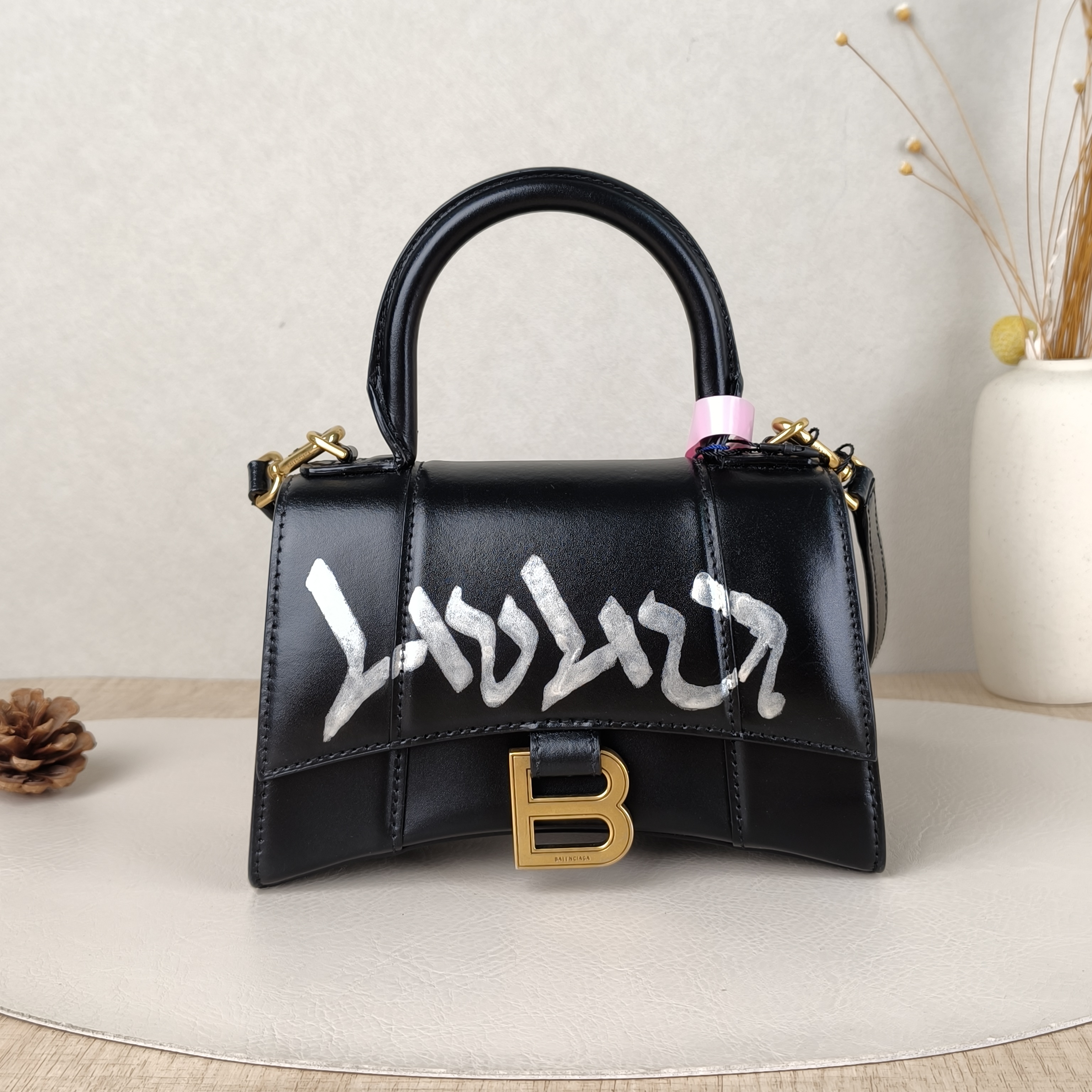 BALENCIAGA Crossbody Bag Hourglass Hourglass Bag Black Calfskin Silver Mini 19 × 5 × 12 cm