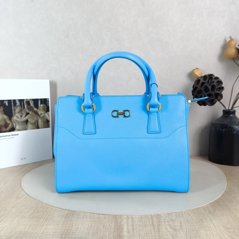 FERRAGAMO Top Handle Bag Tote Bag Blue Calfskin 27 × 14 × 21 cm