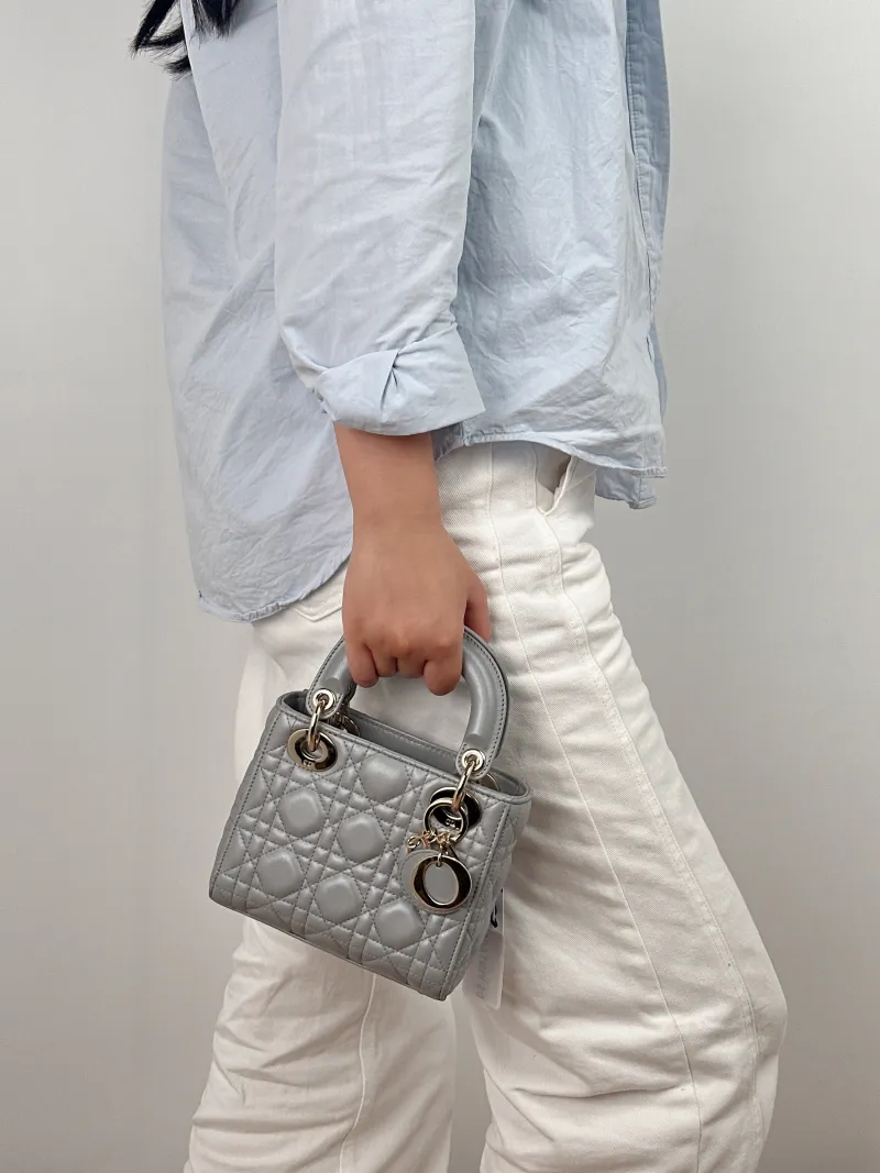 DIOR Crossbody Bag Lady Lady Dior Bag Grey Lambskin Mini 17 × 7 × 15 cm — on-model view 2 of 2