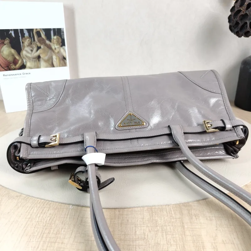 PRADA Shoulder Bag Bonnie Soft Lux Grey Waxed Leather Calfskin Medium 32 × 12 × 15.5 cm — detail view 8 of 13