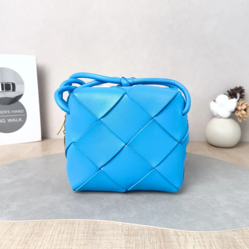Bottega Veneta Crossbody Bag Cassette Woven Camera Bag Blue Lambskin Mini 14.5 × 7 × 14.5 cm
