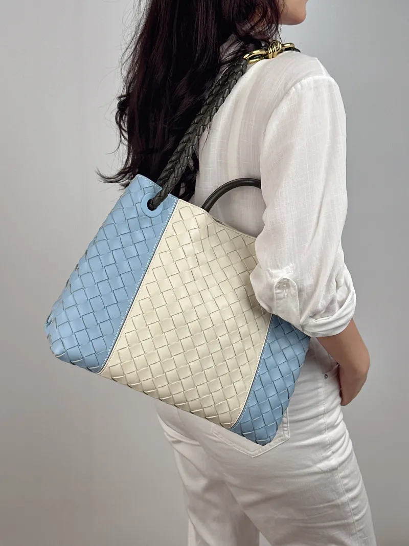 Bottega Veneta Top Handle Bag Woven Top Handle Bag Blue White Calfskin 30 × 12 × 24 cm — on-model view 2 of 2