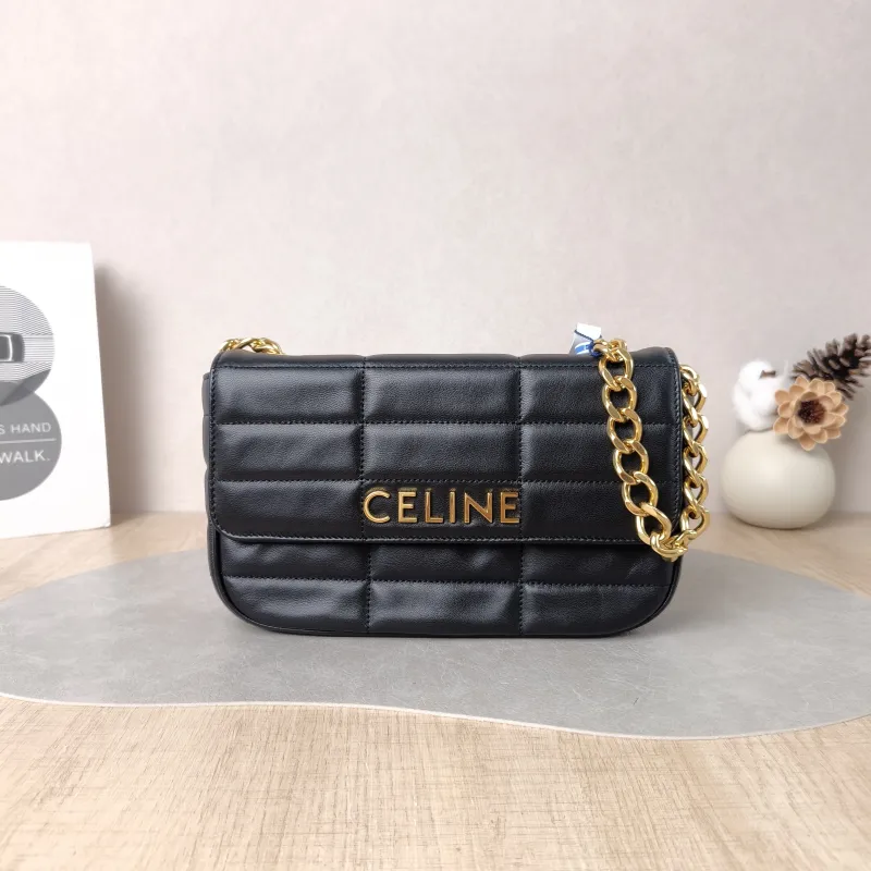 CELINE Shoulder Bag Matelasse Monochrome Shoulder Bag Black Lambskin 24 × 5 × 15 cm