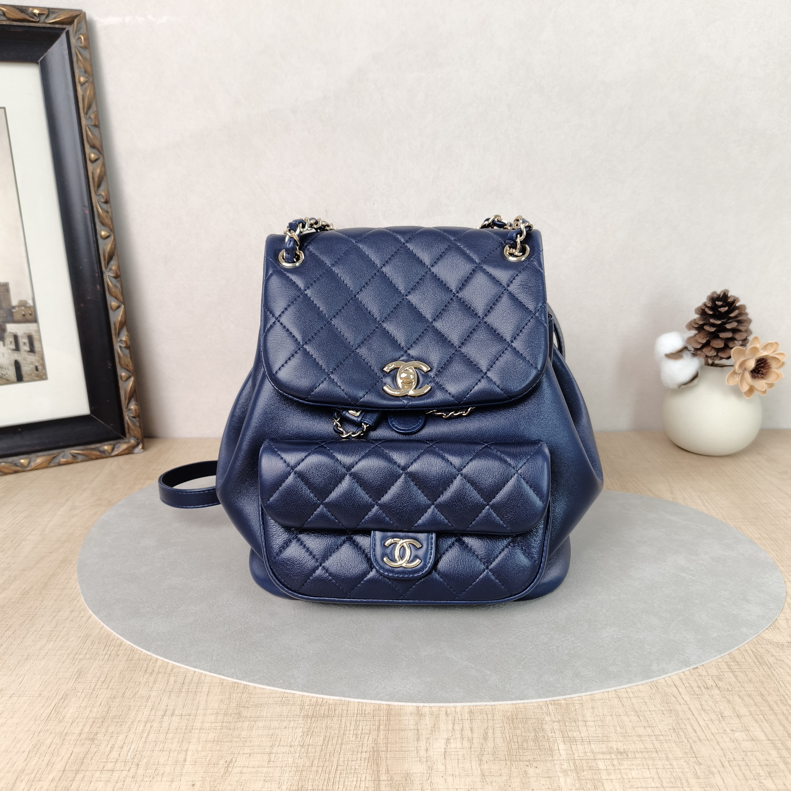 Chanel Backpack Duma Blue Calfskin Large21 × 13 × 23 cm