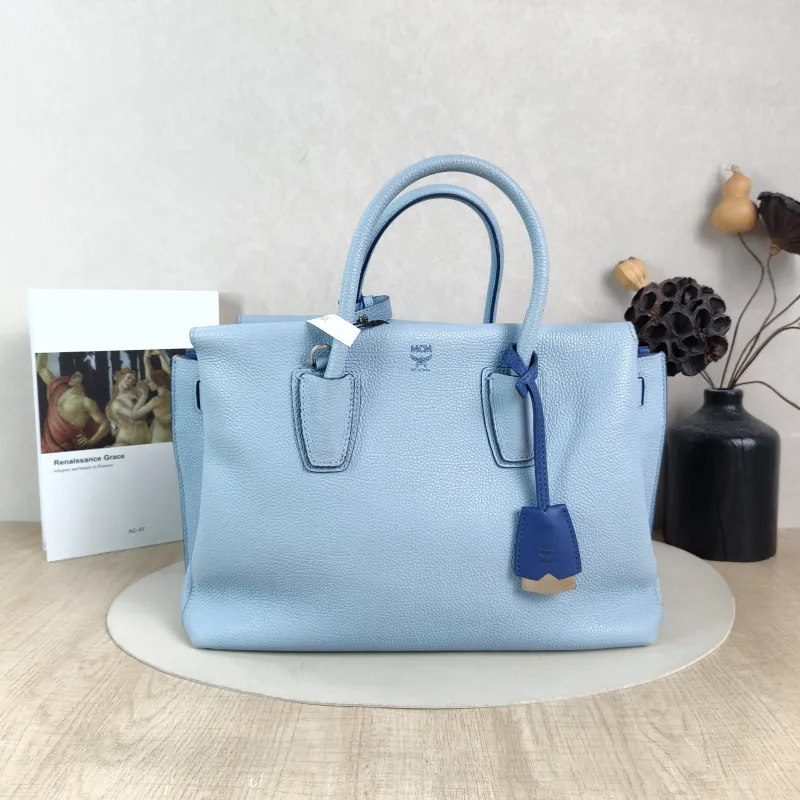 MCM Shoulder Bag Tote Bag Blue Calfskin Large34 × 15 × 22 cm