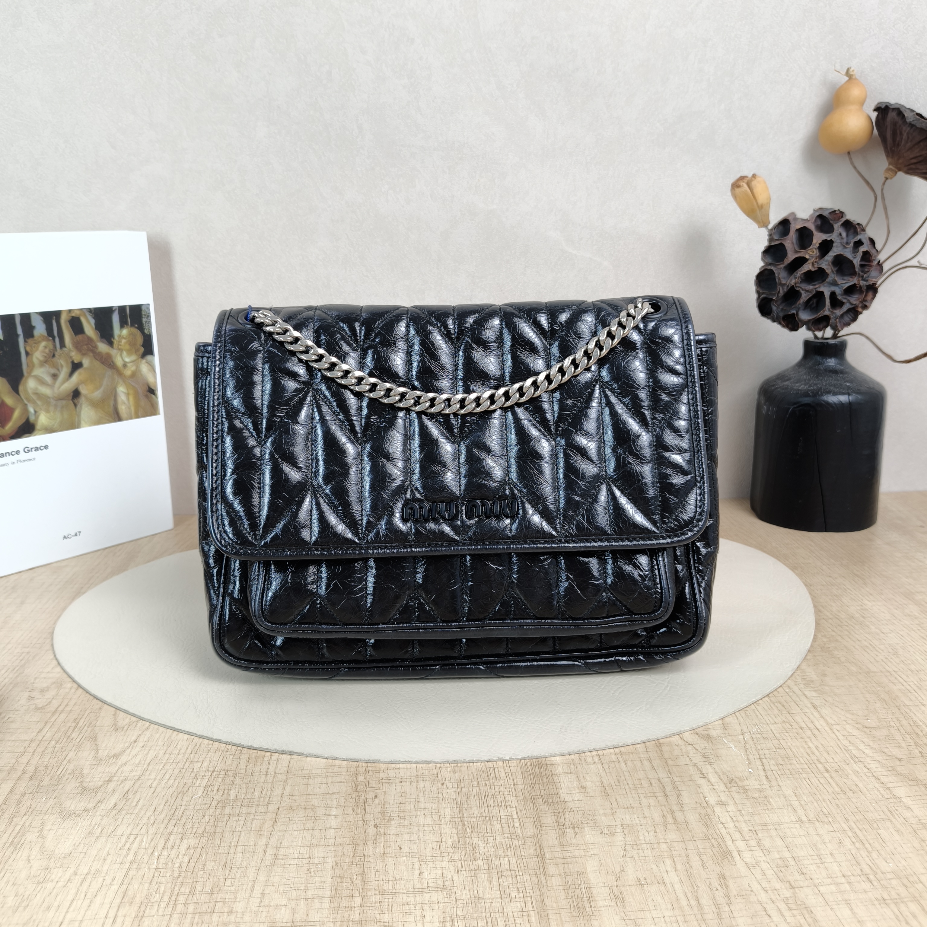 Miumiu Shoulder Bag Shoulder Bag Black Waxed Leather One Size27 × 8 × 21 cm