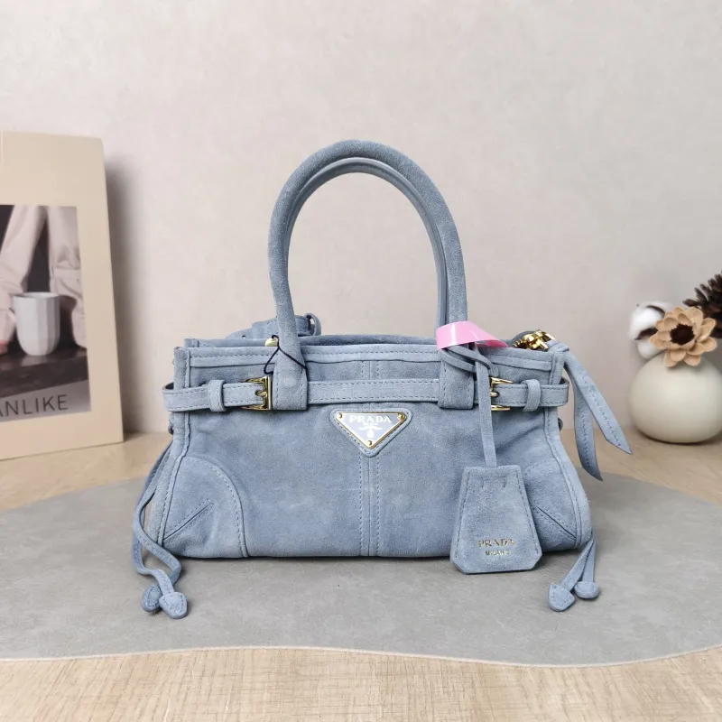PRADA Top Handle Bag Bonnie Soft Lux Blue Suede Mini 23.5 × 9 × 12 cm