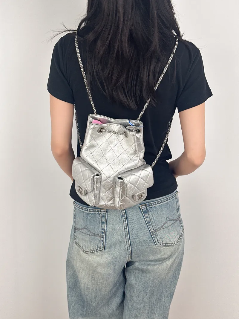 Chanel Backpack25c Backpack Silver Calfskin One Size18 × 8 × 24 cm — on-model view 1 of 2