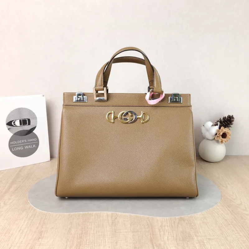 GUCCI Top Handle Bag Top Handle Crossbody Bag Brown Calfskin One Size 34 × 12 × 26 cm