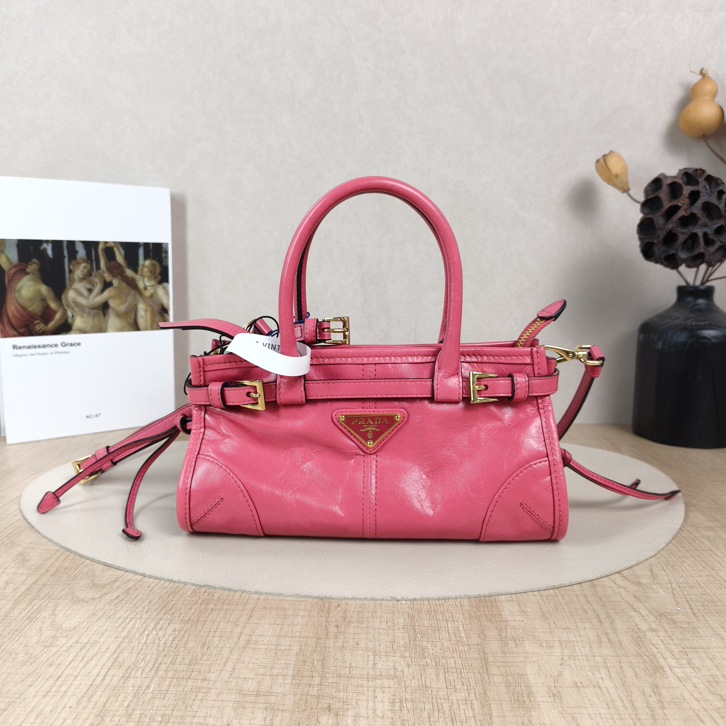 PRADA Top Handle Bag Bonnie Soft Lux Pink Waxed Leathermini23.5 × 9 × 12 cm