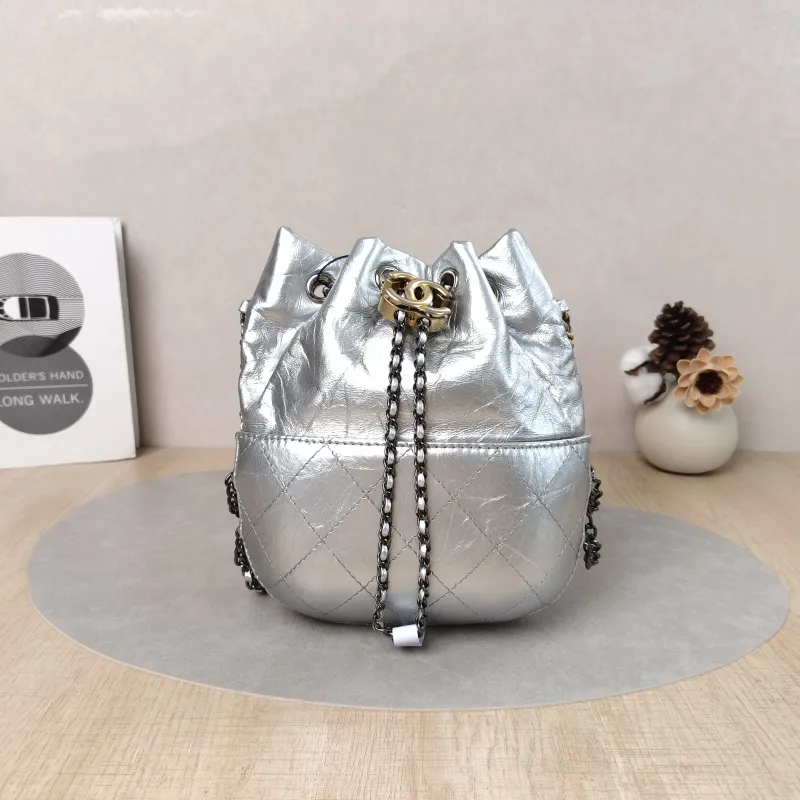 Chanel Crossbody Bag Gabrielle Collection Bucket Bag Silver Calfskin 20 × 6.5 × 22 cm