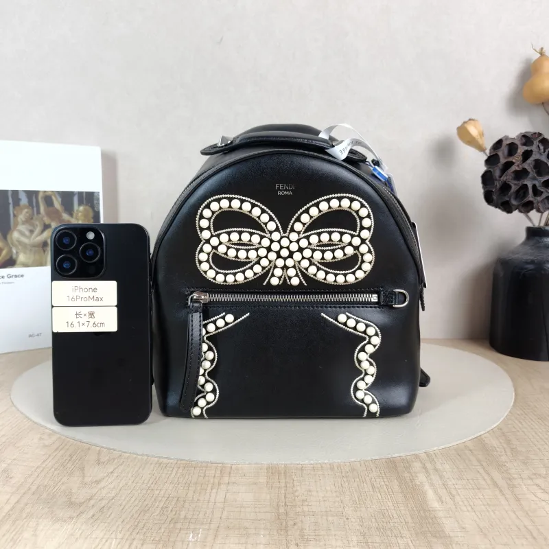 FENDI Backpack Pearl Backpack Black Calfskin One Size21 × 10 × 25 cm — cover view 3 of 6