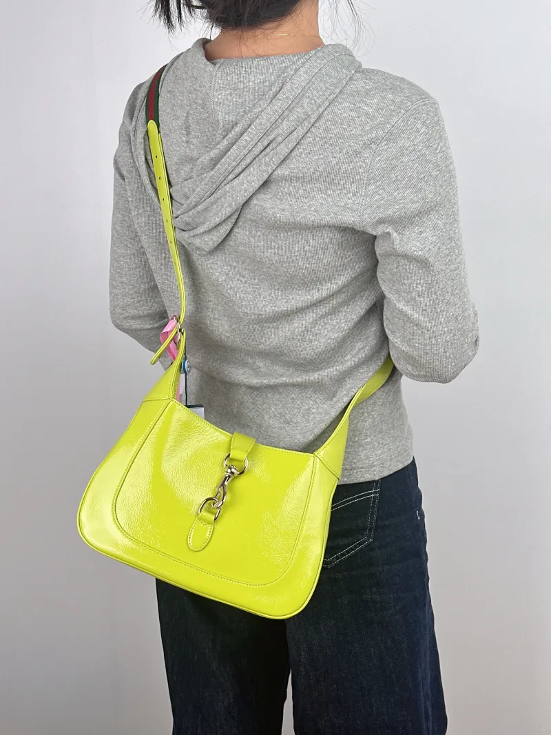 GUCCI Crossbody Bag Jackie 1961Collection Green Patent Leather Medium 27.5 × 4 × 19 cm — on-model view 2 of 2