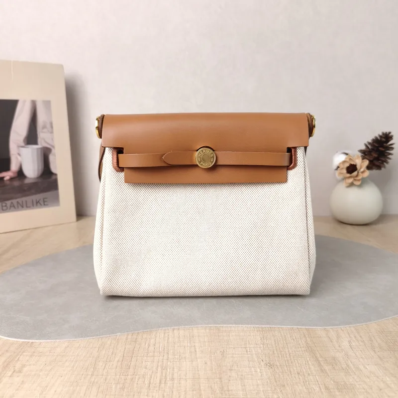 Hermès Shoulder Bag Herbag Zip 20 Beige Brown Calfskin，Canvas Mini 20 × 7 × 17 cm K