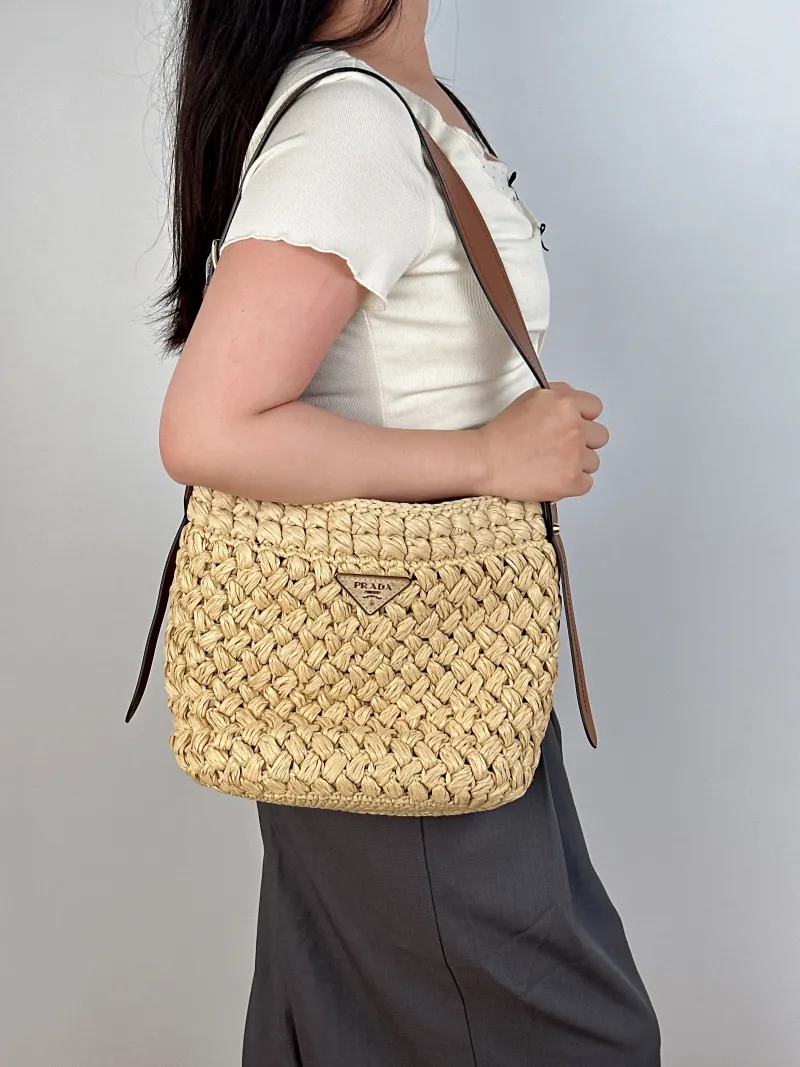 PRADA Shoulder Bag Bucket Bag Brown Woven One Size27 × 14 × 25 cm — on-model view 2 of 2