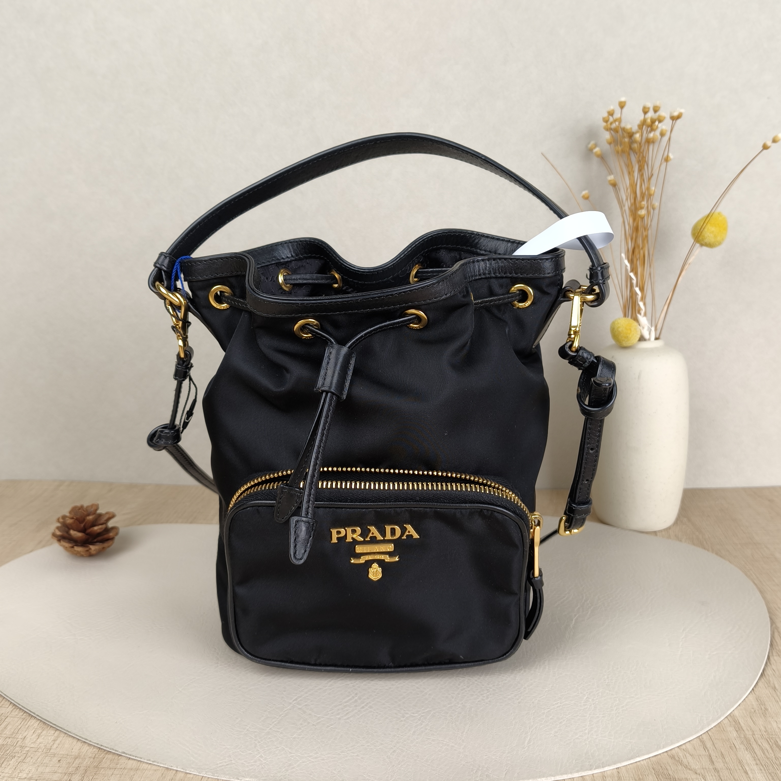 PRADA Shoulder Bag Bucket Bag Black Nylon 17 × 11.5 × 22.5 cm