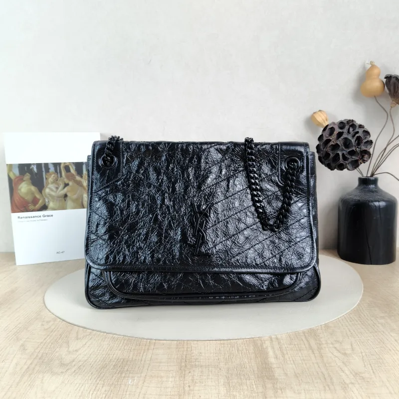 SAINT LAURENT Crossbody Bag Niki Black Waxed Leather Calfskin Large 32 × 9 × 23 cm
