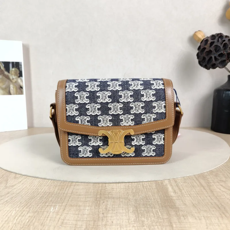 CELINE Crossbody Bag Teen Triomphe Blue Brown Small 18.5 × 6 × 14 cm