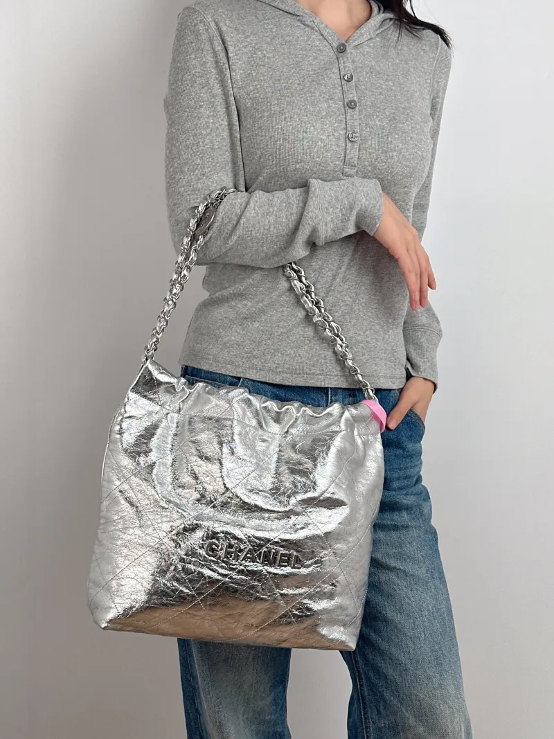 Chanel Shoulder Bag 22Bag Silver Calfskin Small 35 × 7 × 37 cm — on-model view 1 of 2