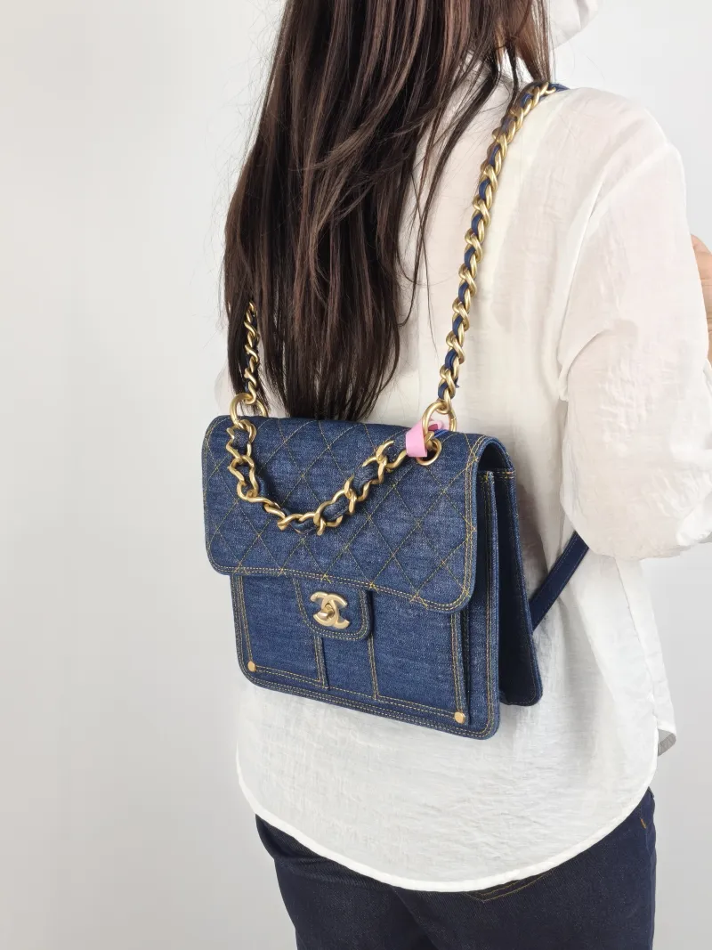 Chanel Backpack Backpack Blue One Size 25 × 6 × 22 cm — on-model view 2 of 3