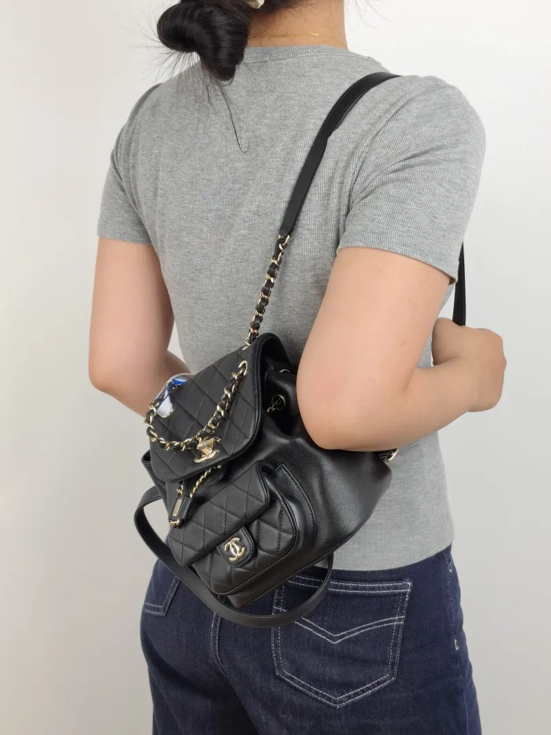 Chanel Backpack Duma Black Calfskin Small 18 × 12 × 18.5 cm — on-model view 2 of 2