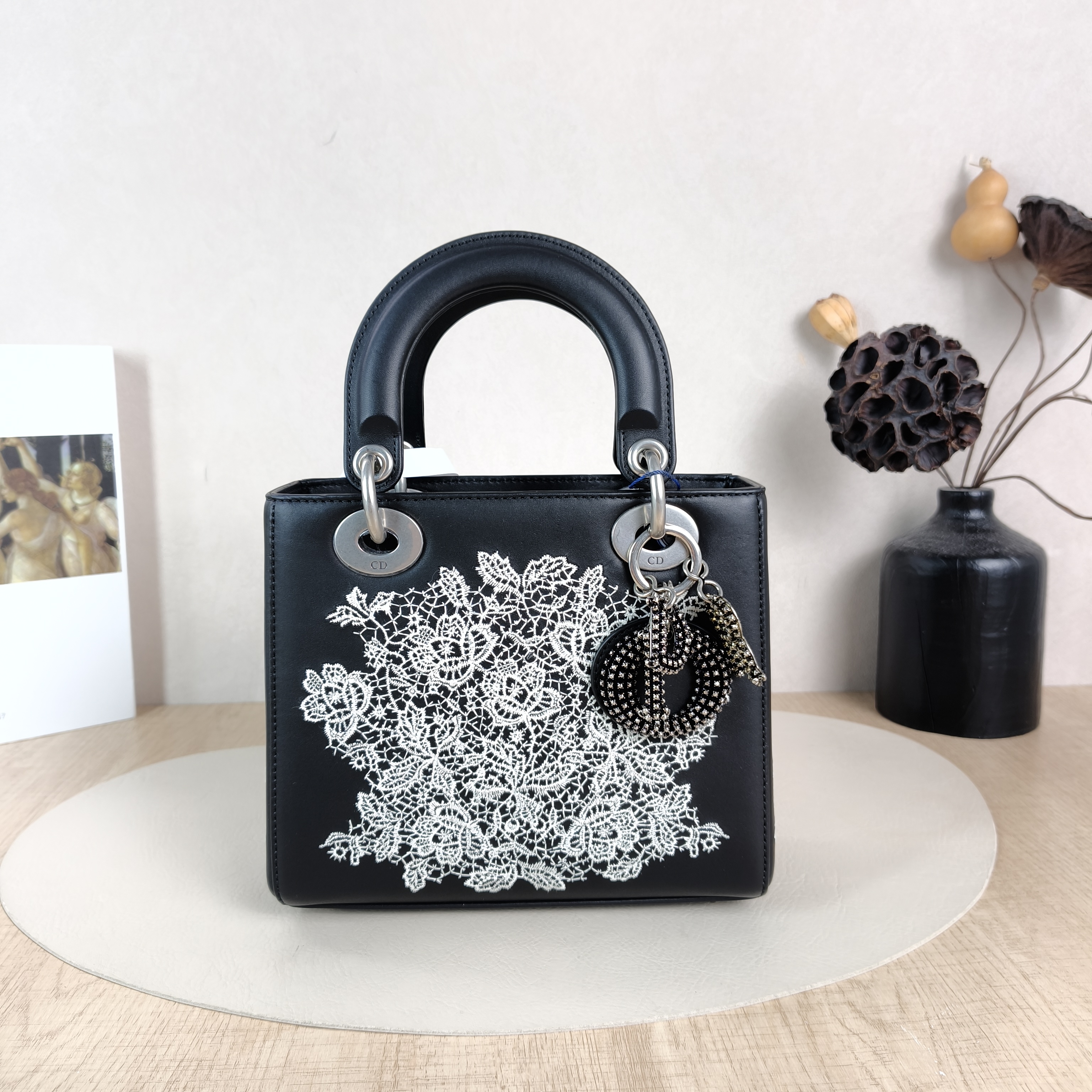 DIOR Top Handle Bag Lady Lady Dior Bag Black Embroidered Calfskin Small20 × 8 × 18 cm