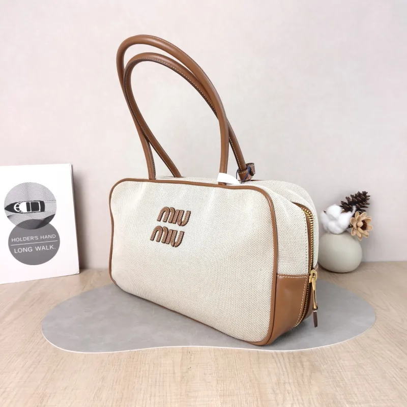 Miumiu Top Handle Bag Beau Brown Canvas · Calfskin Large 34 × 10 × 20 cm — cover view 5 of 5