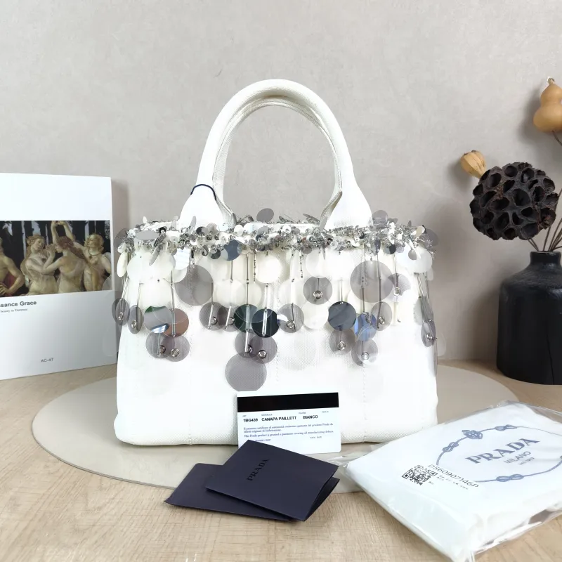 PRADA Top Handle Bag Canape White Canvas 28 × 15 × 18 cm — cover view 2 of 6