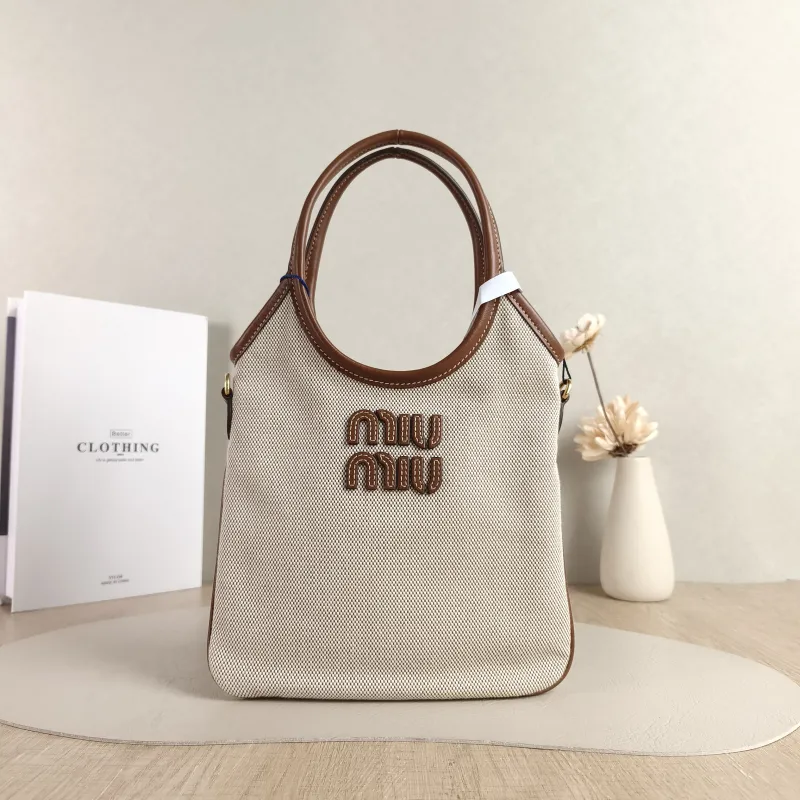 Miumiu Shoulder Bag IVY Tote Shopping Tote Beige Brown Canvas Mini 20*24