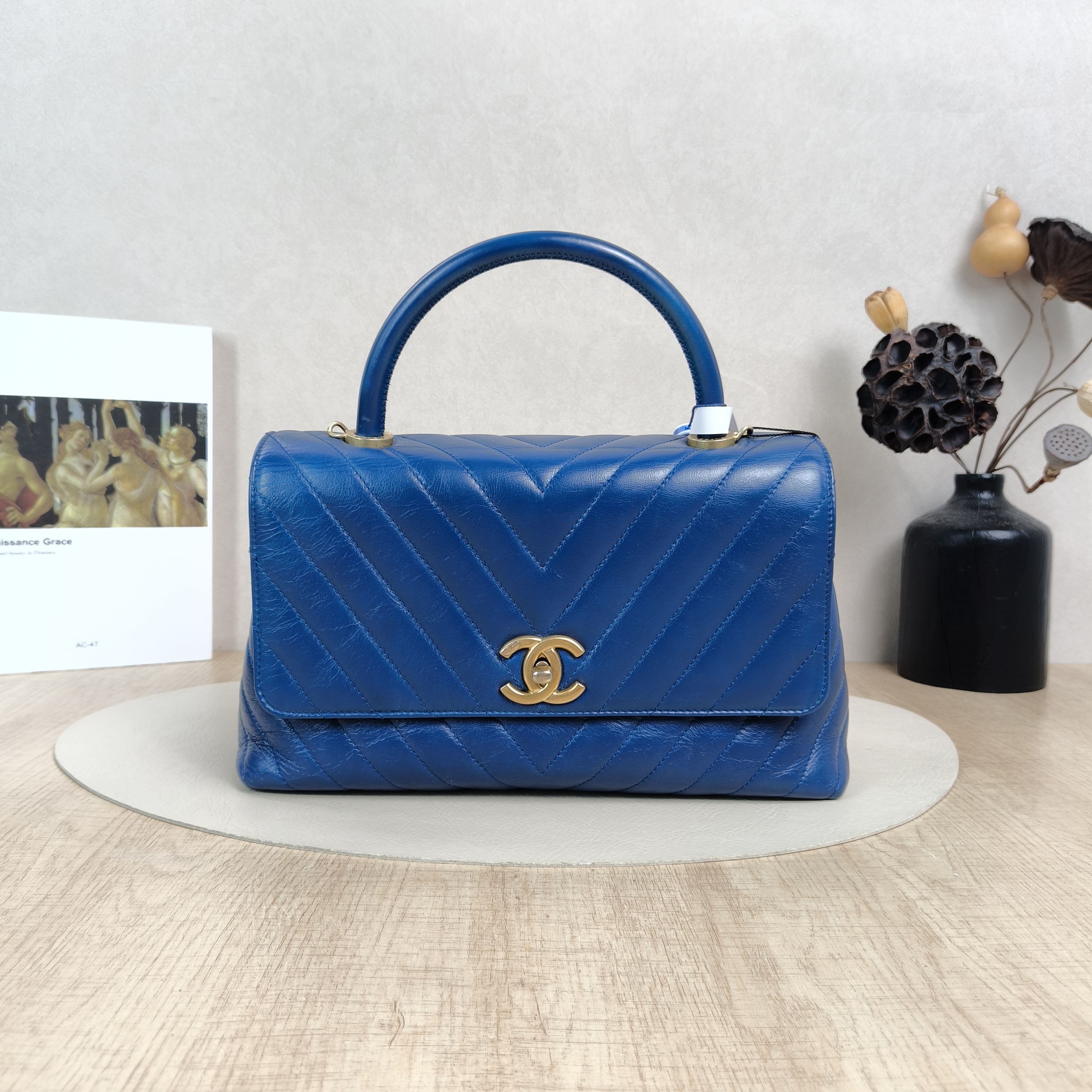 Chanel Top Handle Bag Coco Handle​ V Blue Waxed Leather Medium29 × 12 × 18 cm