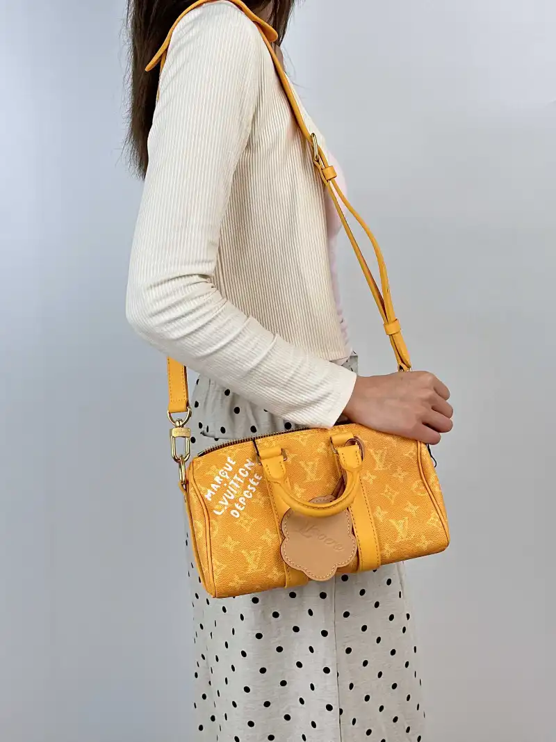 Louis Vuitton Crossbody Bag Keepall 25 Collection Yellow PVC Medium 25 × 11 × 15 cm — on-model view 3 of 3