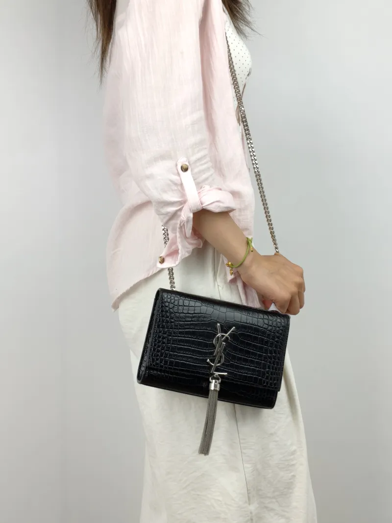 SAINT LAURENT Crossbody Bag KATE Edition Black Calfskin Small20 × 5 × 12.5 cm Conditioned — on-model view 1 of 3