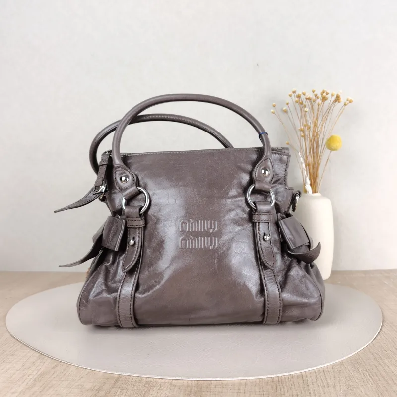 Miumiu Shoulder Bag Ribbon Grey Waxed Leather Small27 × 13 × 16 cm