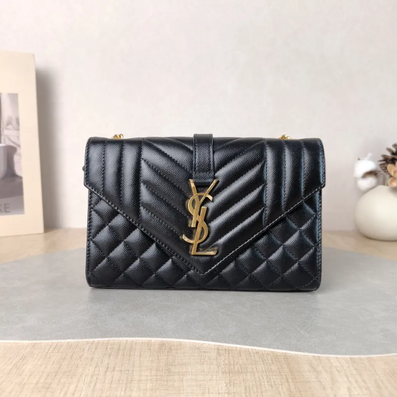 SAINT LAURENT Crossbody Bag ENVELOPE Black Grained Calfskin Small 21 × 6 × 13 cm Conditioned