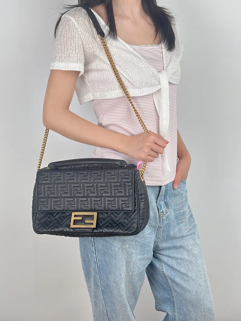 FENDI Crossbody Bag Baguette Baguette Bag Black Lambskin Large31 × 9 × 18 cm — on-model view 1 of 3