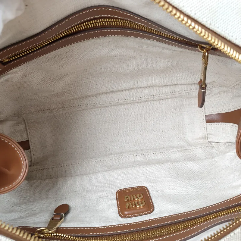 Miumiu Top Handle Bag Beau Brown Canvas · Calfskin Large 34 × 10 × 20 cm — detail view 4 of 12