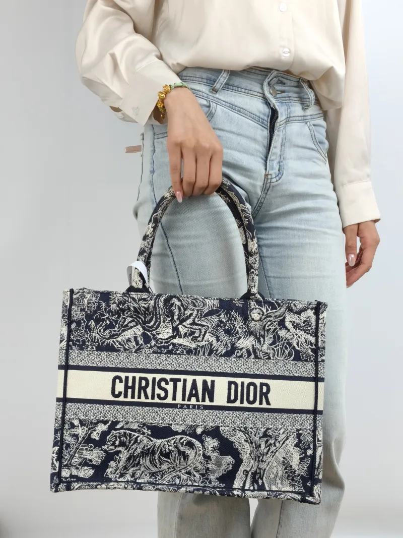 DIOR Top Handle Bag Book Tote Collection · Blue White Canvas Medium 36 × 16.5 × 27.5 cm — on-model view 1 of 2