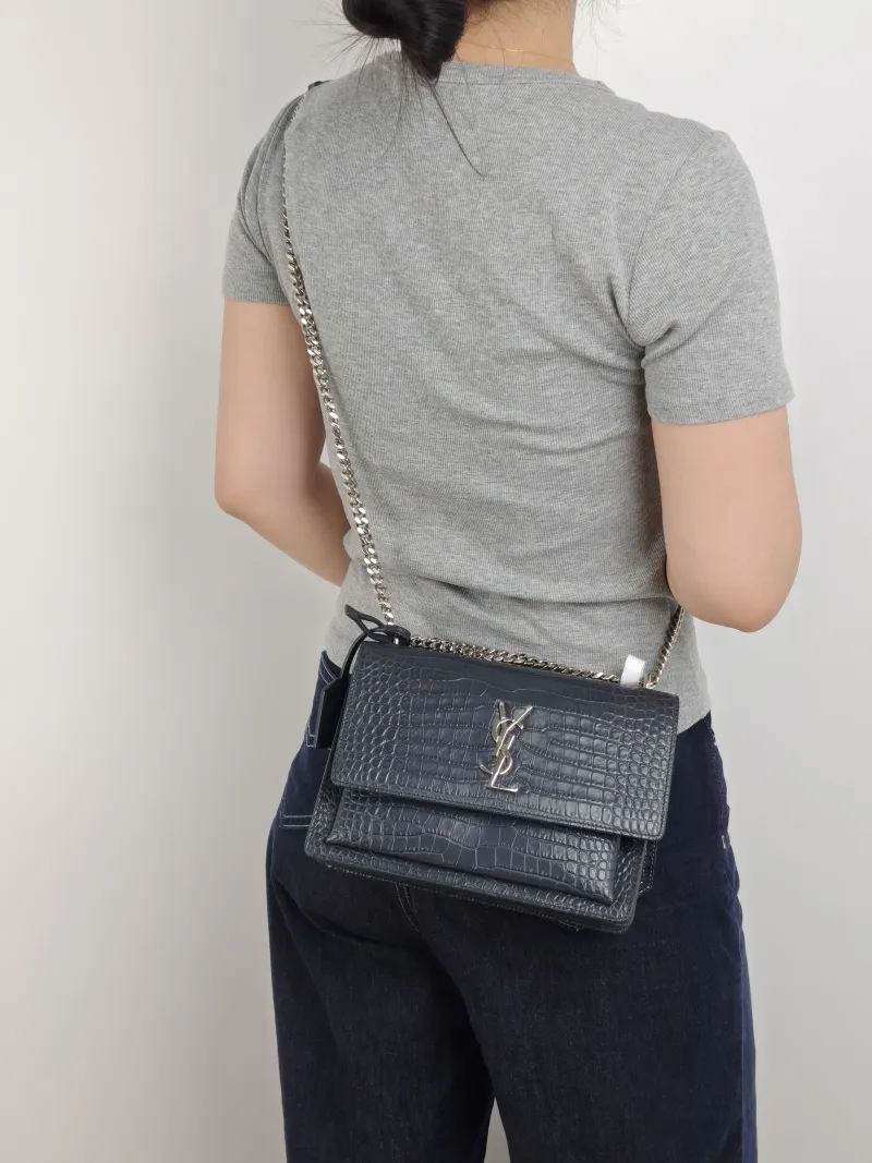 SAINT LAURENT Crossbody Bag SUNSET Grey Calfskin Medium 22 × 6.5 × 16 cm — on-model view 1 of 2