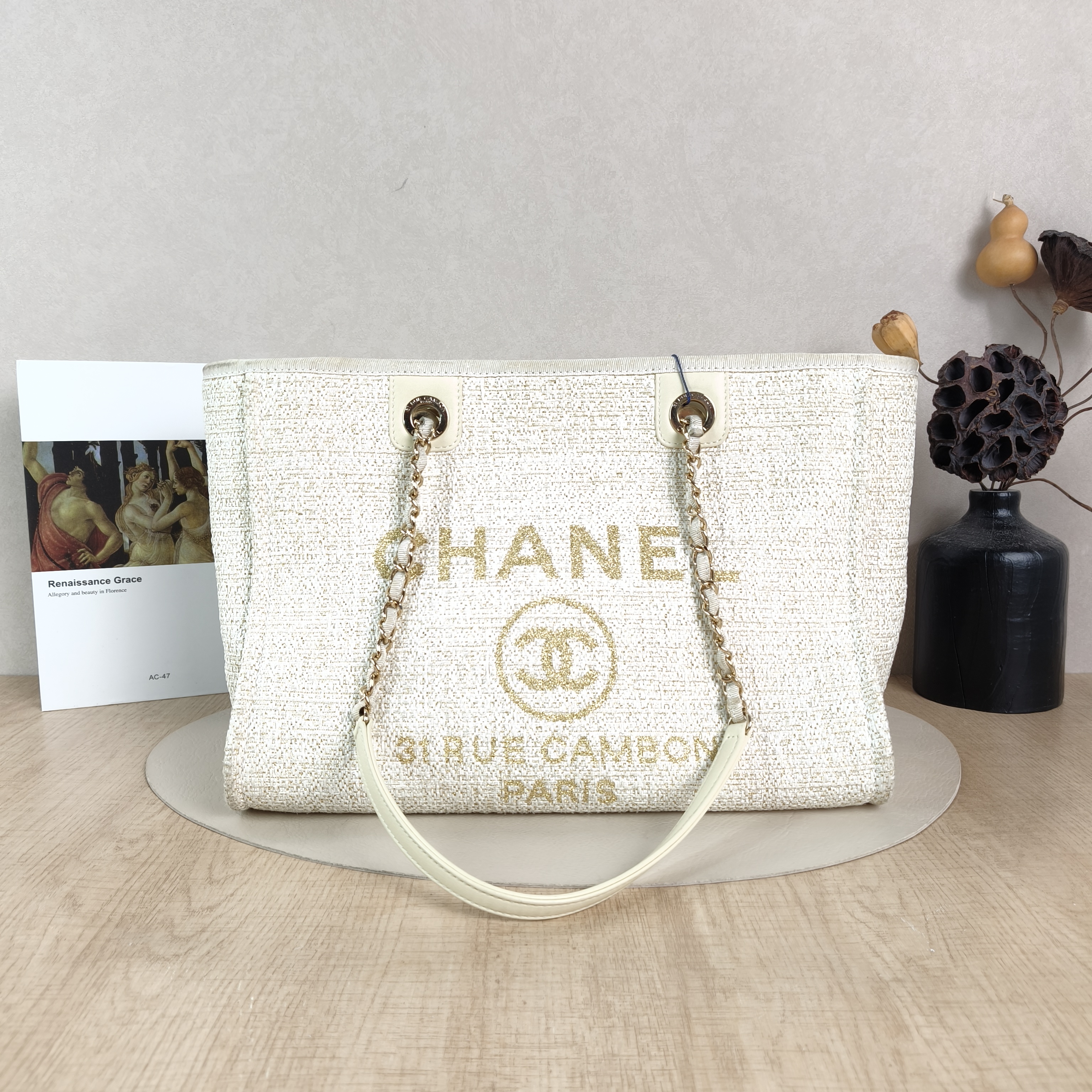 Chanel Shoulder Bag White Gold Canvas Woven One Size35 × 17 × 25 cm