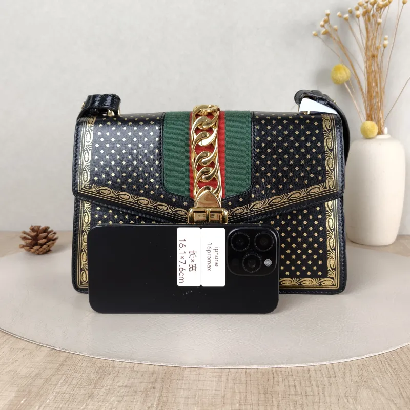 GUCCI Crossbody Bag Sylvie Shoulder Strap Edition Black Calfskin Small 25.5 × 8 × 17 cm — cover view 6 of 6