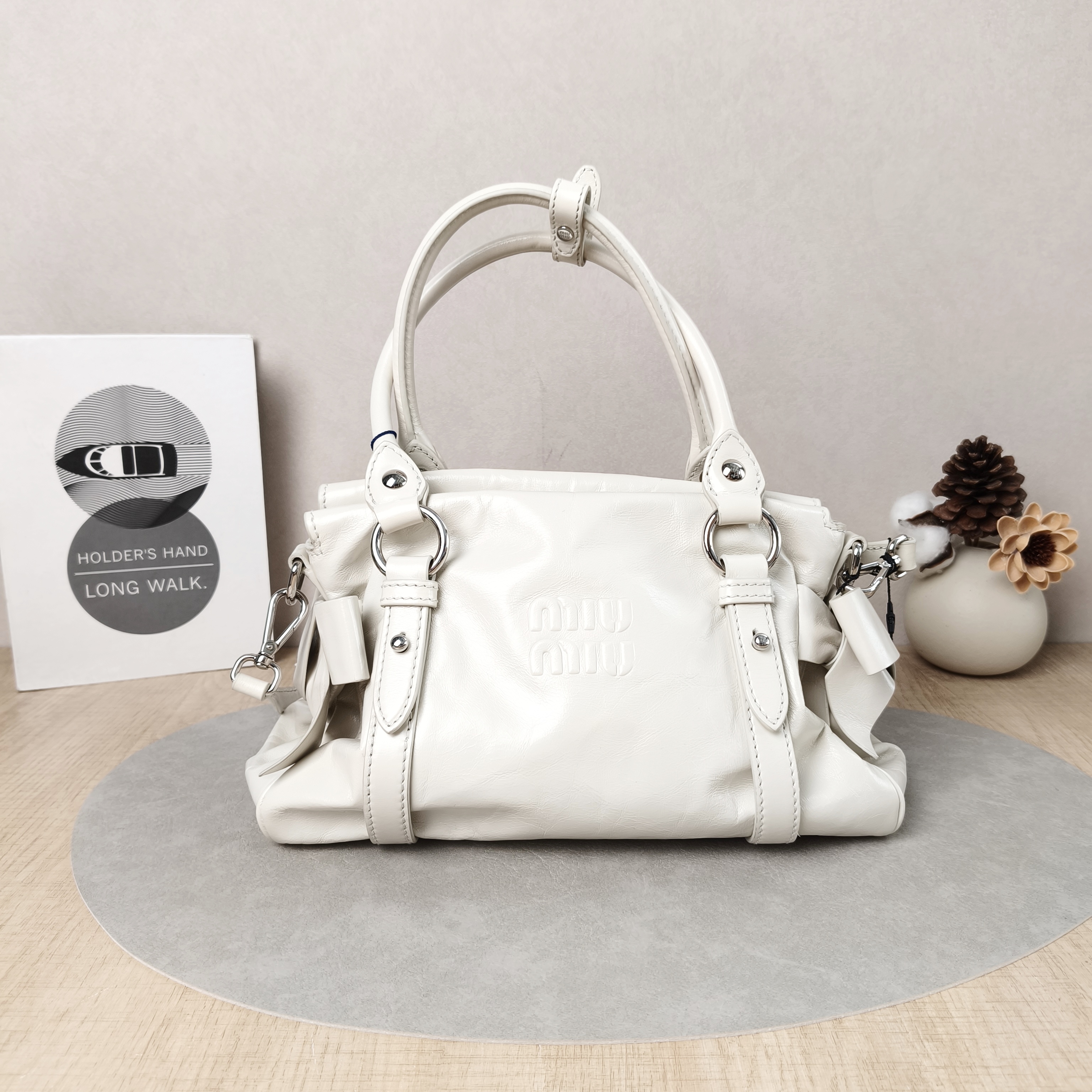 Miumiu Shoulder Bag Ribbon White Waxed Leather Calfskin Small27 × 13 × 16 cm