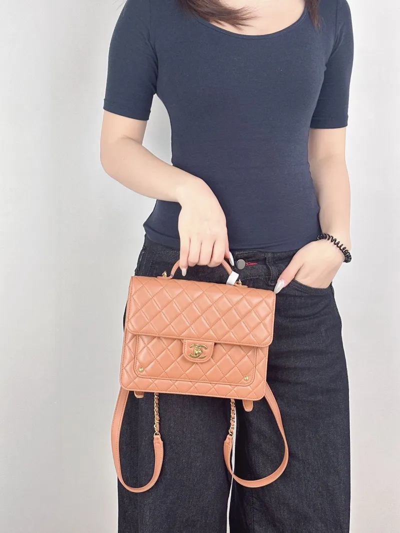 Chanel Backpack Backpack Brown Lambskin One Size23 × 6 × 18 cm — on-model view 1 of 3