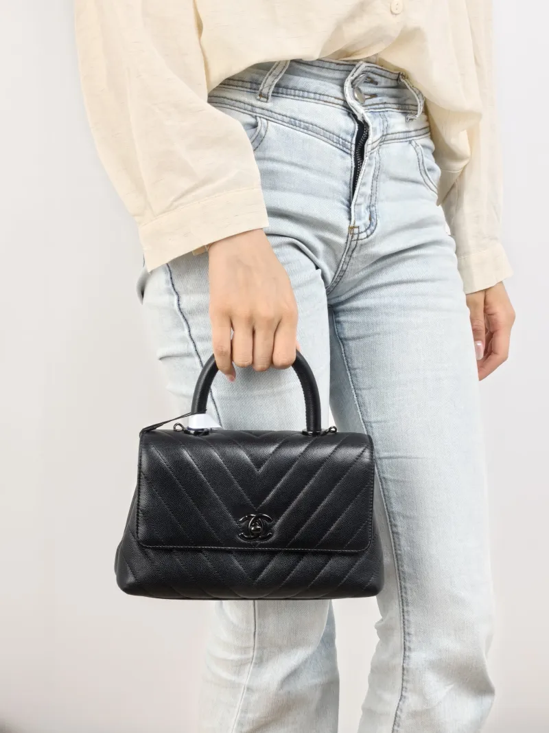 Chanel Top Handle Bag Coco Handle​ v Black Grained Calfskin Small 24 × 10 × 14 cm — on-model view 2 of 2