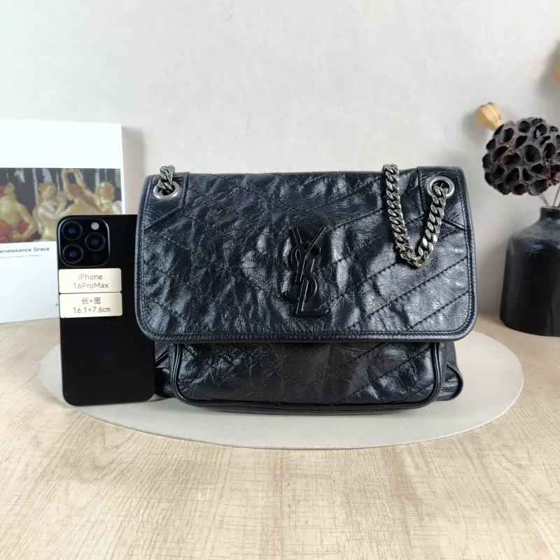 SAINT LAURENT Crossbody Bag Niki Black Waxed Leather Calfskin Medium 28 × 8.5 × 20 cm — cover view 4 of 5