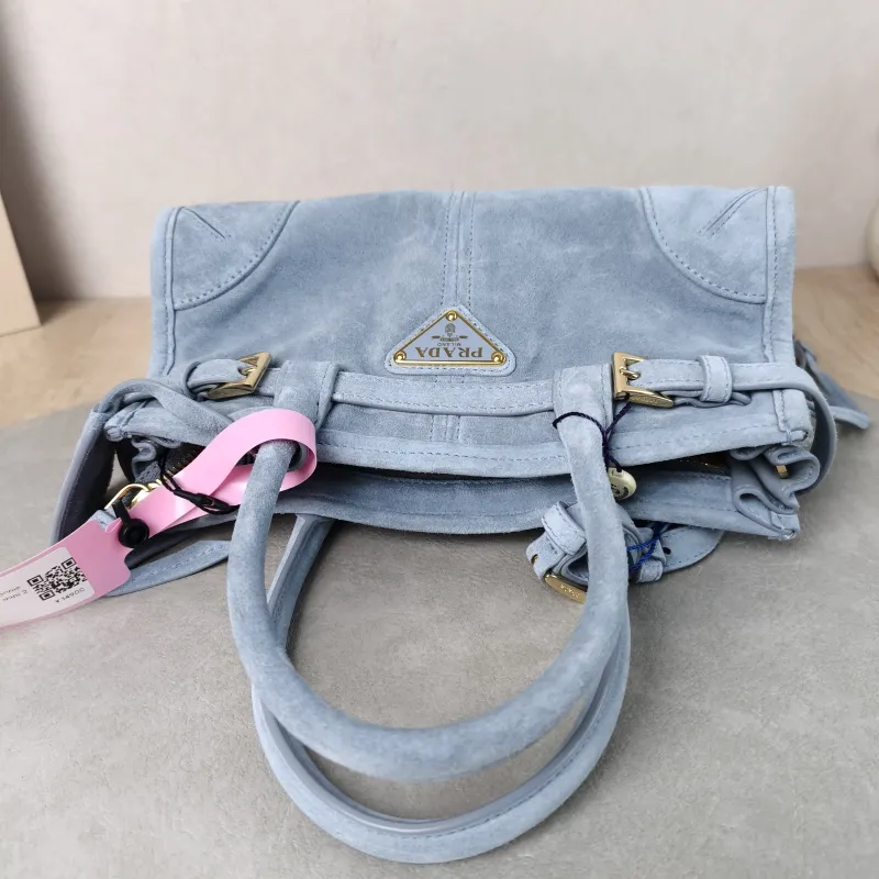 PRADA Top Handle Bag Bonnie Soft Lux Blue Suede Mini 23.5 × 9 × 12 cm — detail view 3 of 12