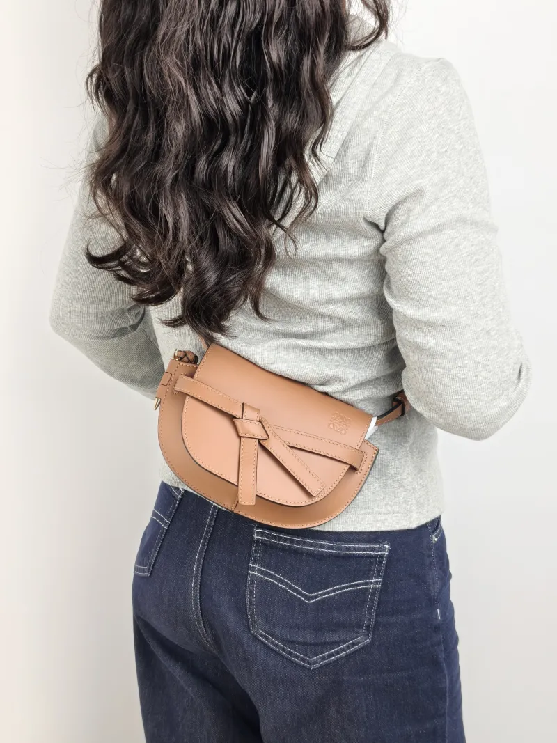 LOEWE Crossbody Bag Gate Dual Caramel Calfskin Mini 21 × 9.5 × 12.5 cm — on-model view 1 of 2